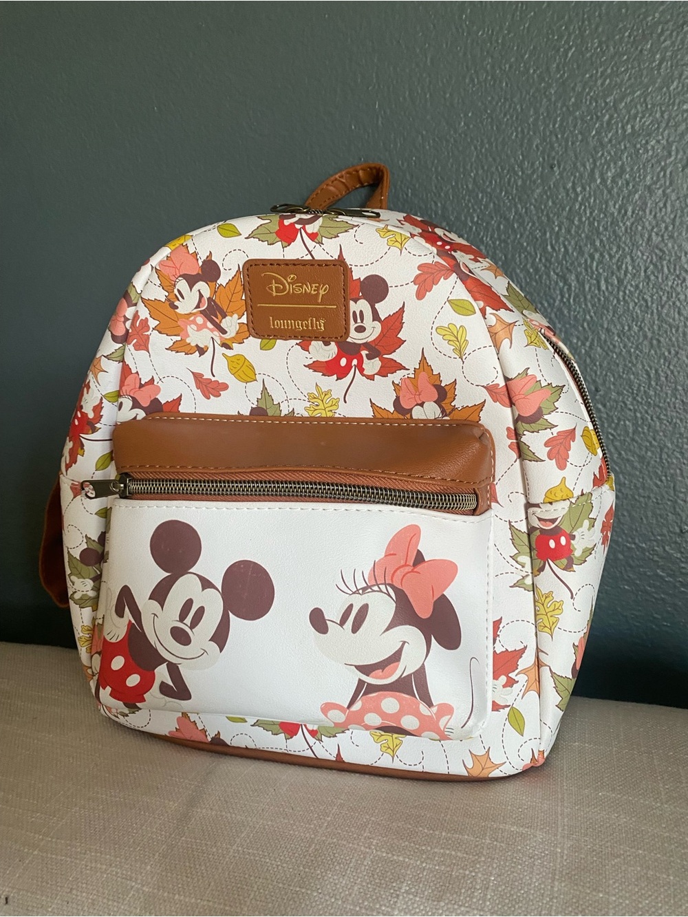 Disney Loungefly Minnie & Mickey Fall Leaf Mini Backpack - White & Brown
